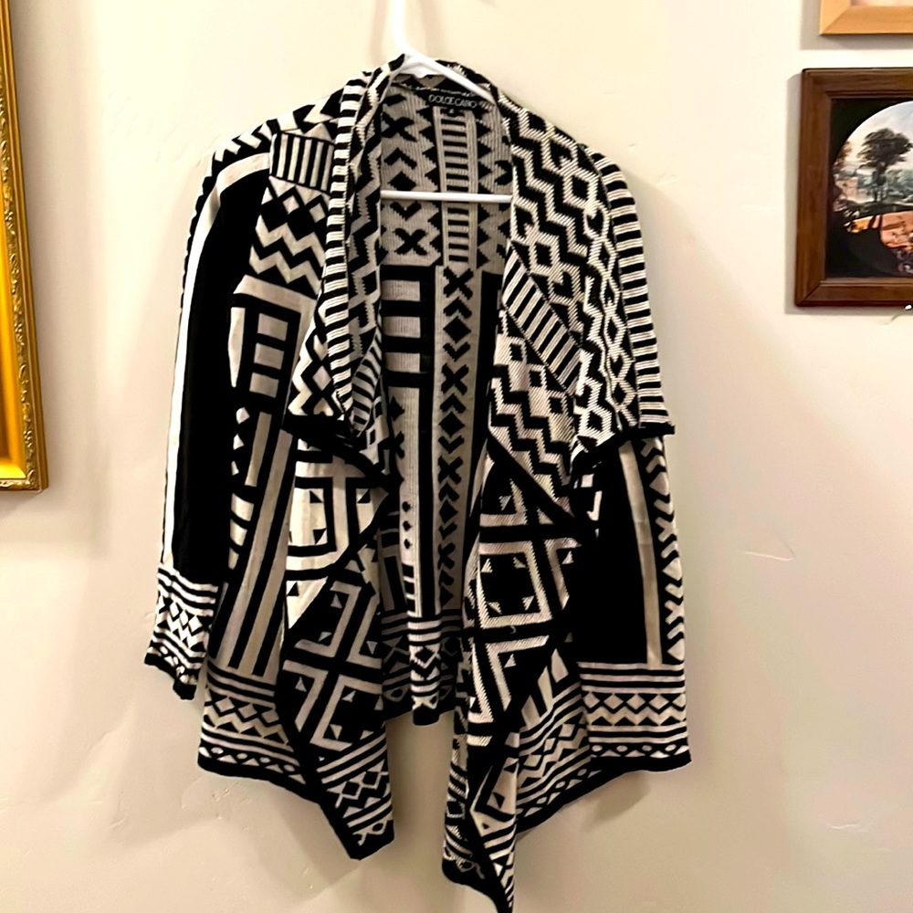 Women’s Long Sleeved Sweater, Black, White, Southwestern Style, Asymmetrical